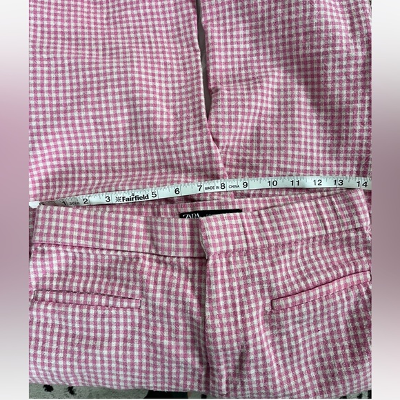 Zara Pink White Gingham Checkered High waist Flare Pant Trouser in Medium - Picture 6 of 7